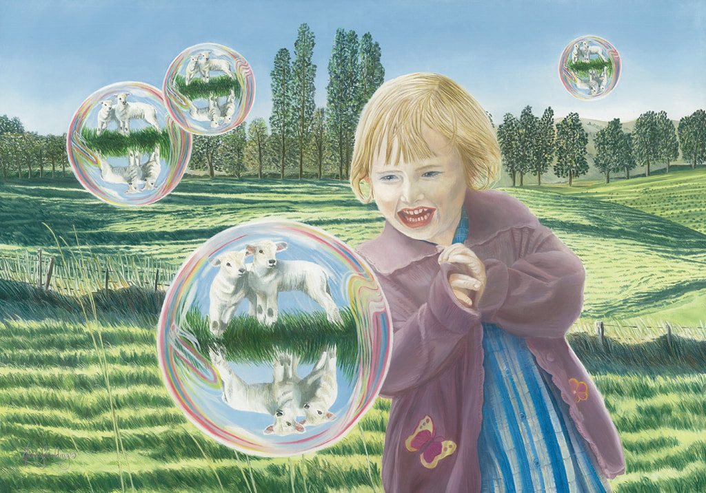 A young child is filled with joy as she plays with soap bubbles which reflect lambs from an adjoining field.