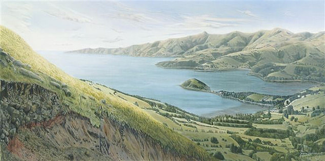 The Onawe peninsula is a volcanic plug near Akaroa on the Banks Peninsula.
