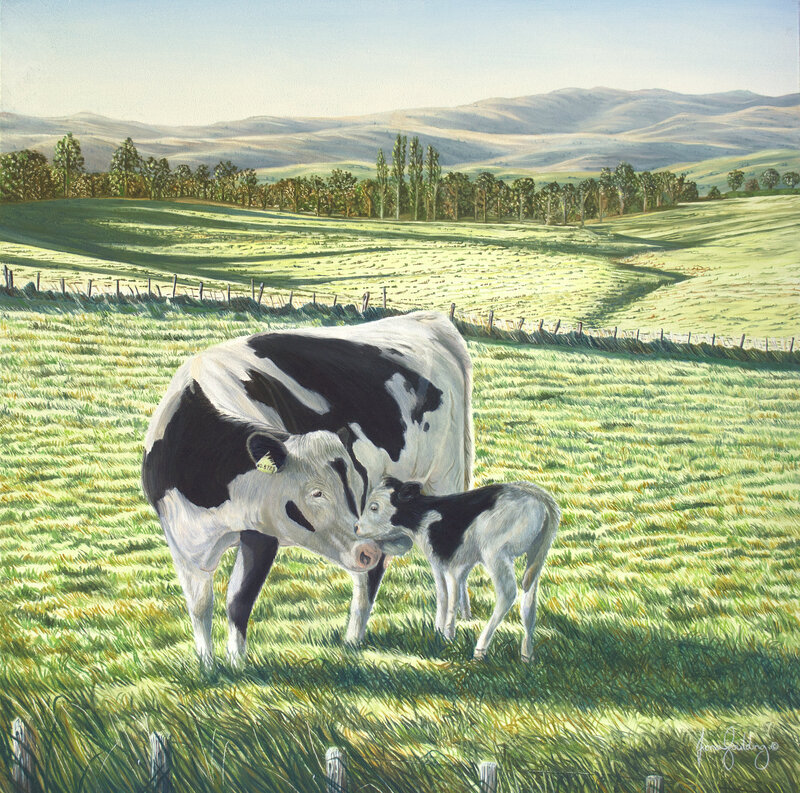 'The Bond' focuses on the incredible strength and depth of the maternal bond.  It is evident in humans and also in other animal species.  The cow and her calf is a poignant sight particularly as they have so little time together.  Calves are taken from their mothers at only a few days old to be killed as 'waste products' of the dairy industry or to replace worn out dairy cows. 

This painting features Cindy the dairy cow with her calf Silva and is the prize for correctly working out the location of Silva in Fiona's book 'The Search for Silva'.  You can see the sincerity of Cindy and Silva's unconditional love for each other.