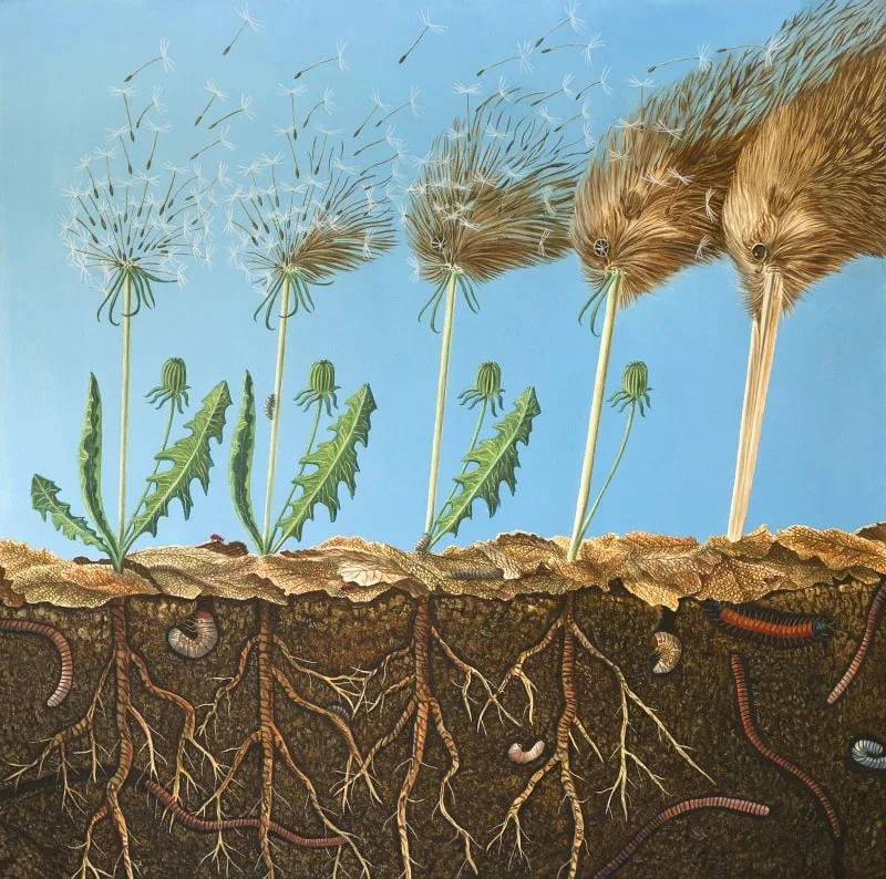 An eco-magical realism illustration from Because We Love by Fiona Goulding, depicting a native New Zealand kiwi bird delicately metamorphosing into a fragile dandelion stem to symbolize wildlife vulnerability.